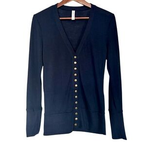 V-Neck Snap Front Light Weight Long Sleeve Cardigan Mid Length, Navy Blue, Med